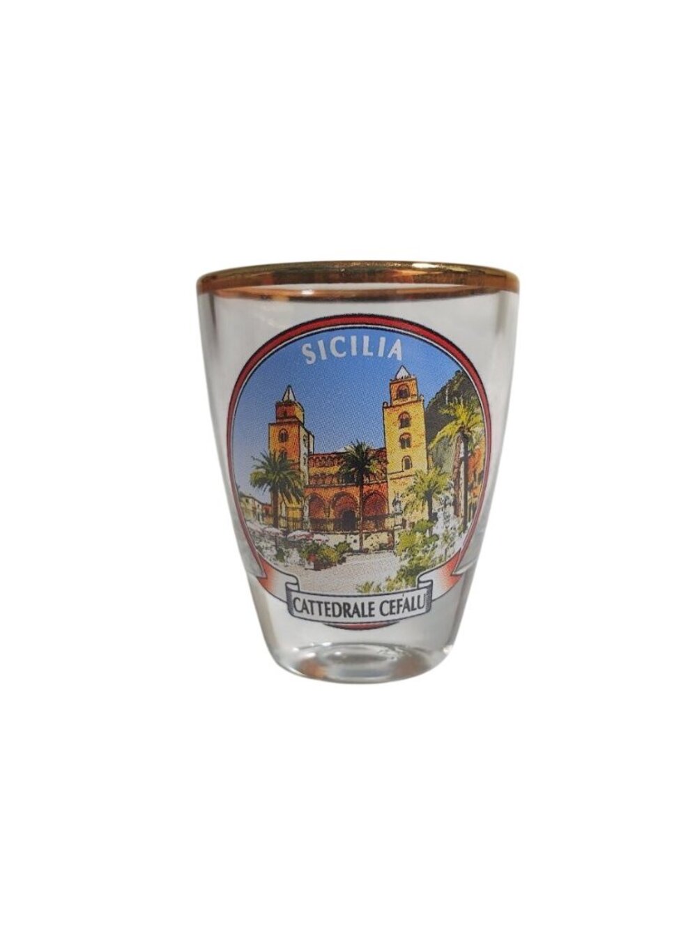 Sicilia Cattedrale Cefalu Collectible Shot Glass Gold Rim Italy Souvenir Gift